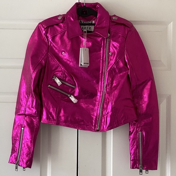 WALTER BAKER 💕🔥Genuine Leather Jenny Jacket in Fuchsia Metallic Crop Moto Fit - Picture 5 of 16